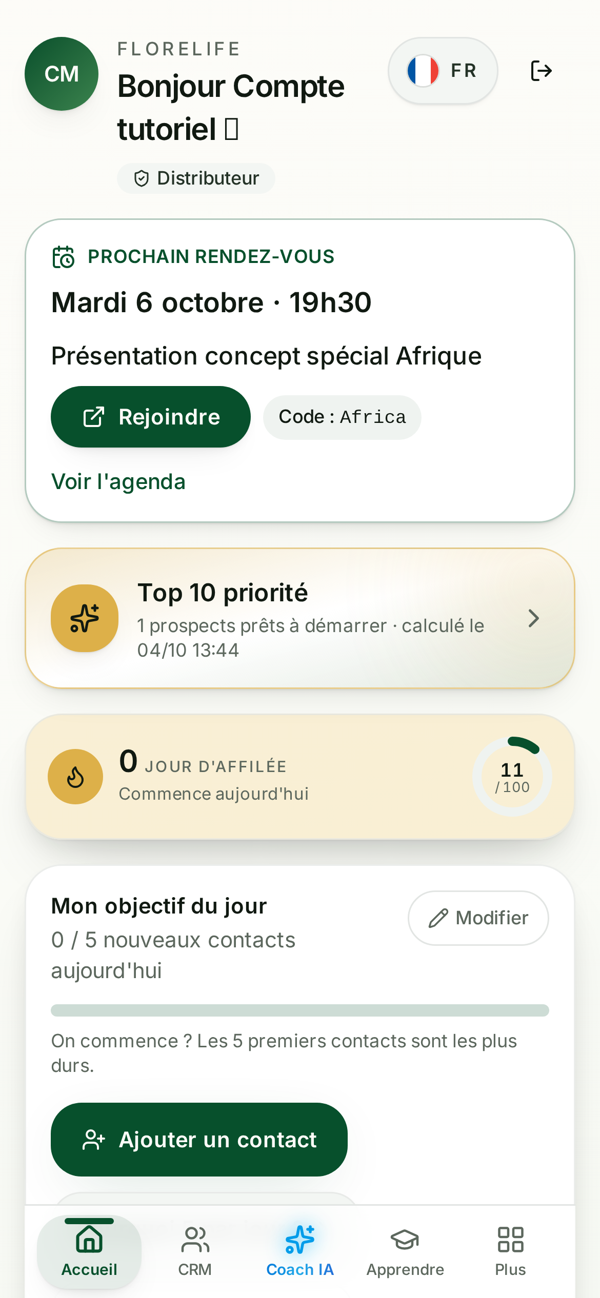 Accueil avec la mission du jour et le Top 10